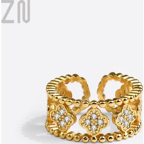 ZN Vintage Simple Inlay Zircon Four Leaf Clover Finger Rings Elegant Ladies Creative Accessories Fashion Jewelry Romantic Gifts
