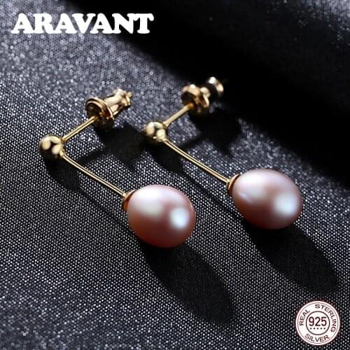 Fashion 925 Sterling Silver Freshwater Pearl Long Earrings Wedding Pearl Jewelry Gold Color Drop Earrings