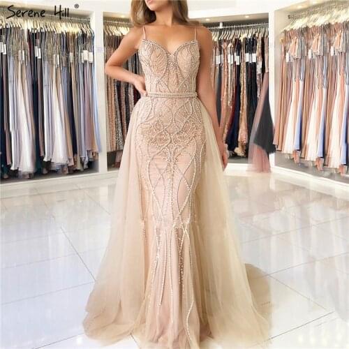Dubai Luxury Pearls Crystal Evening Dresses Long 2020 White Nude Backless Mermaid Evening Gowns Real Photo LA6242
