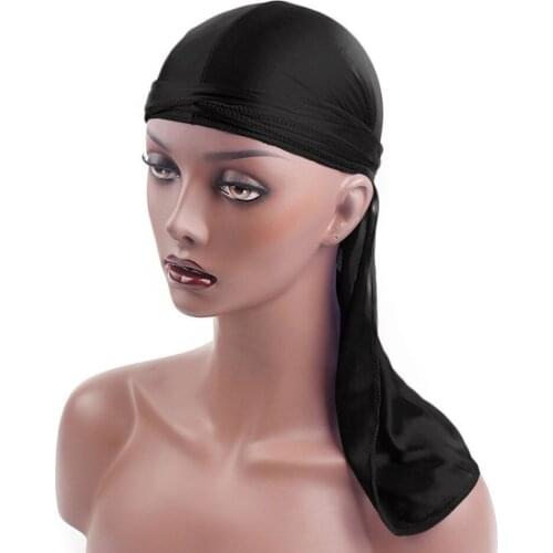Hot sale New Silk Fabric men Streched Cap Hip Hop Pirate Bandanas Du Doo Rag Durag Solid Color Hat Tie Down tail for women men
