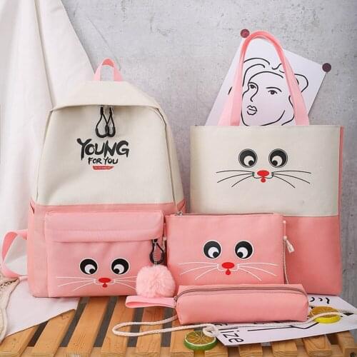 4Pcs/set Canvas School Bag Fashion Women Backpack For Teenager Girls Student School Backpacks Kids Book Bag Female Shoulder Bag