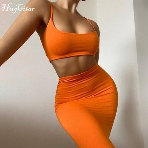 Hugcitar 2021 Straps Sexy Backless Bodycon Crop Top Skirt 2 Pieces Set Summer Women Streetwear Club Party Y2K Casual
