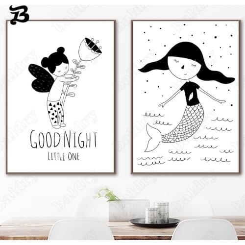 Canvas Painting for Living Room Wall Art Black and White Cartoon Fairy Mermaid Posters Print Wall Pictures for Baby Girls Decor