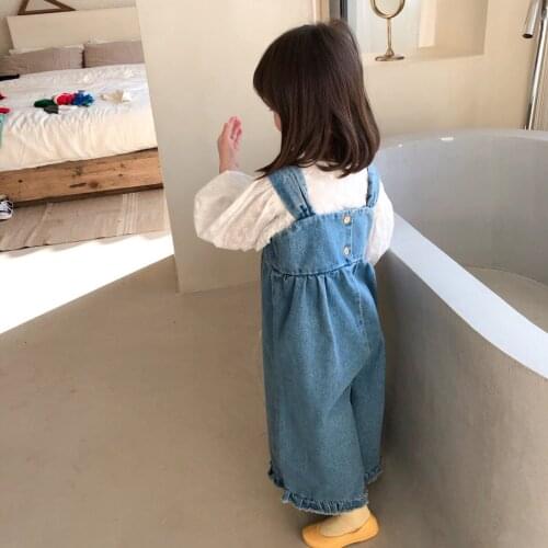 Girls Overalls Spring New Arrival Kids Casual Loose Lace Denim Jumpsuits Korean Solid Wide Leg Suspender Pants for Girls 2-8 Y
