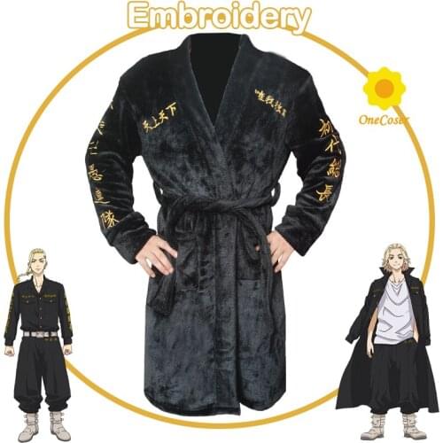 Anime Tokyo Revengers Cosplay Costume Embroidery Black Bathrobe Manjiro Sano Ken Ryuguji Warm Robe Sleepwear Winter Pajamas