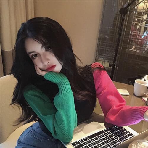 Crop top womens color matching long-sleeved womens turtleneck shirt new loose pullover sweater tide ugly christmas sweater