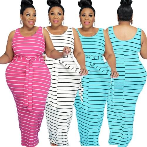 Summer Women Plus Size Clothing Wholesale O-Neck Striped Long Dresses with Lace Up High Waist Casual Backless Dress Dropshipping