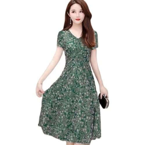 Middle-Aged Mother Dress 2021 Summer Womens Chiffon Floral Dress Over The Knee Short-Sleeved New Womens Sundress Long Dresses
