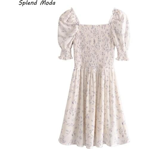 Splend Moda 2021 Prairie Chic Leaf Print Puff Sleeve Elastic Waist Puff Sleeve Square Collar A-Line Women Dress Pullover Vestido