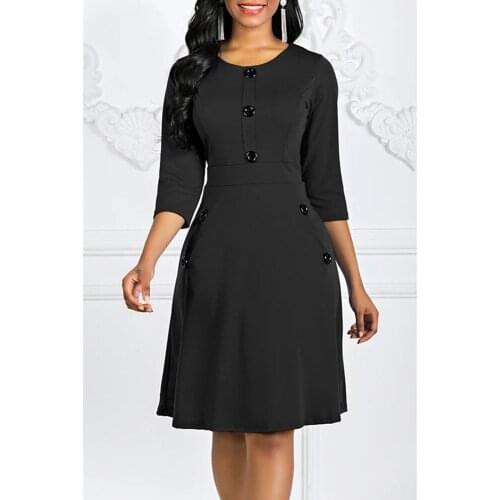 European Style Summer Women Fashion Elegant O-neck A-line Solid Slim Party Dress Vintage Button Three Quarter Office Lady Dress