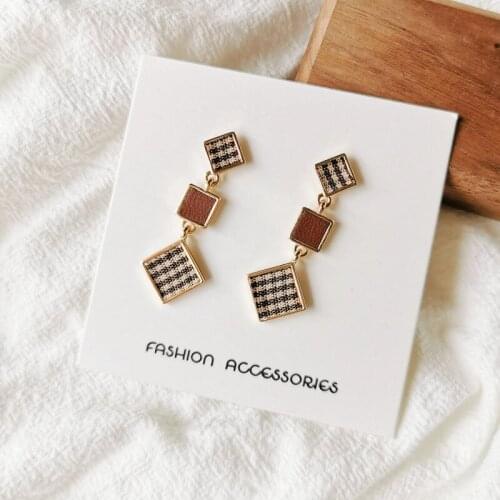 Korean Clip Earrings Long Big Dangle Clip On Earrings Non Pierced Ears Plaid Cloth Square Pendant Women Korea Earing Jewelry