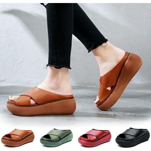 Women Summer Slippers Soft PU Leather Woman Shoes Casual Wedges Cross Retro Ladies Slippers Slide Fashion Platform Female Shoes