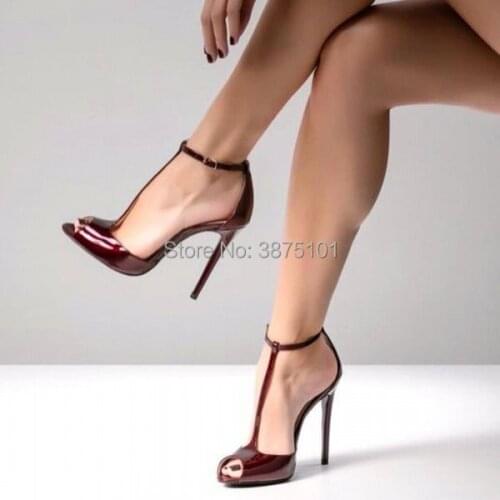 Cheap Price Heels Ladies Burgundy Peep Toe Heels Pumps T Strap Stiletto Heel Sandals Women Sexy Sandals Real Pictures