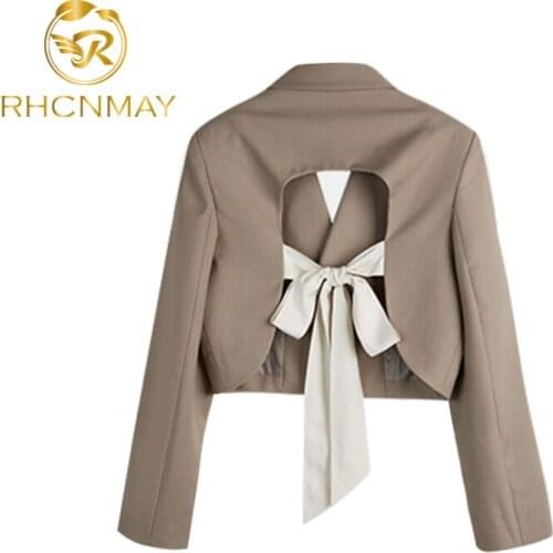 2021 Spring Autumn New Korean Blazer Coat Elegant Bow Tie Short Suit Jacket Causal Long Sleeve Notched Backless Jacket Outwear