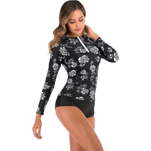 Long Sleeve Rash Guard Women Print Swimwear Zipper Two Piece Surf Suit Patchwork Swimsuit High Neck Diving Suit 2XL Bathing Su