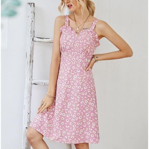 Pink Floral Mini Dress Women Summer Sweet Girl Style Dresses Lady Casual Vacation Spaghetti Strap Short Dress 2021 New Vestidos