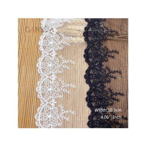 1YARD Width:10.3cm Flower Embroidered Lace Trim Ivory White&Black For Sewing Accessories Clothing Decoration (ss-2306)