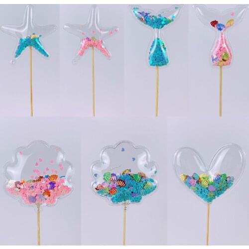 2pcs Mermaid Cake Topper Ocean Theme Party Transparent Airbag Sequins Mermaid Cake Insert Baby Shower Decorations for Kids
