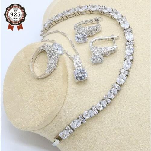 Geometric White Zircon Silver Color Jewelry Set for Women with Bracelet Hoop Earring Necklace Pendant Ring Gift Box