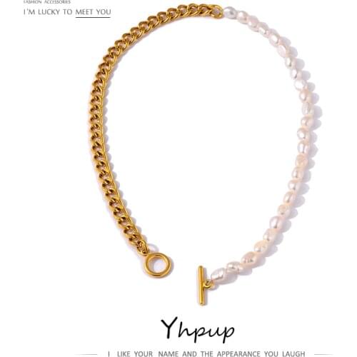 Yhpup Trendy Natural Pearl Cuban Chain Necklace Stainless Steel Metal Gold Jewelry 18 K Heavy Metal Collar Necklace Party Gift