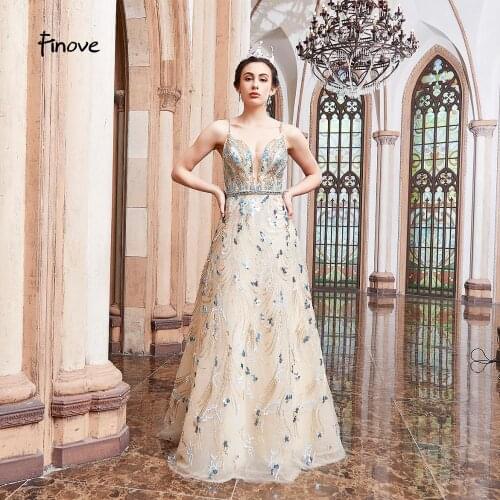 Finove 2020 Evening Dresses Long 2020 V-neck Sleeveless Backless A-line Prom Dress Party Gowns Plus Size