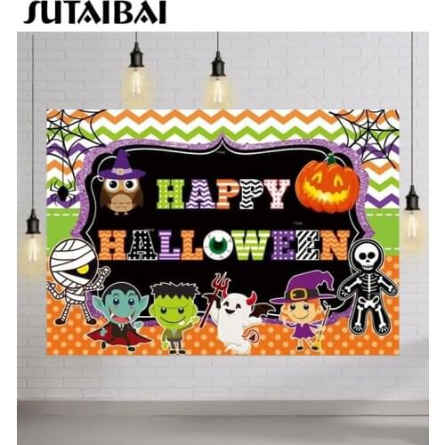Happy Halloween Party Backdrop Pumpkin Lantern Horrible Skull Ghost Kids Vampire Witch Spider Colourful Stripes Photo Background