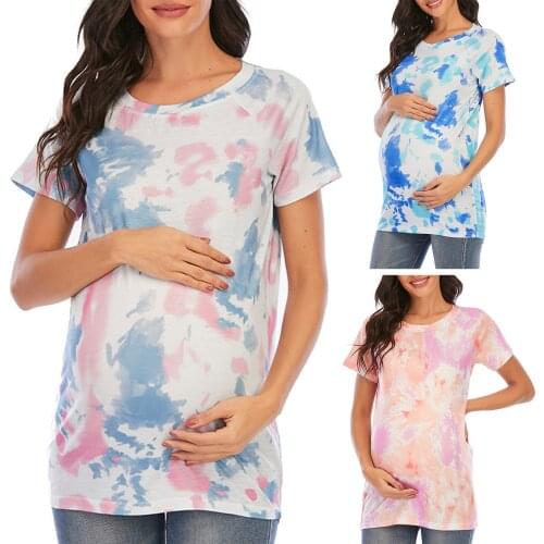 TELOTUNY Pregnant T-shirt Women Maternity Pregnancy T-Shirt Tie-Dye Print Short Sleeve Tee Tops Casual Summer Maternity Clothes