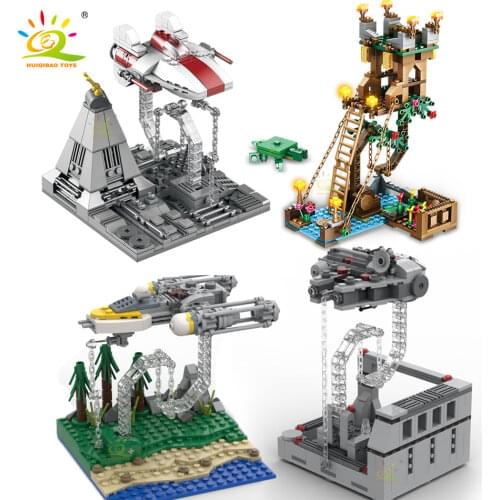 HUIQIBAO 329Pcs City Tensegrity Balances Mine Village House Building Blocks My World Floating Fortress Figures Bricks Toys Child