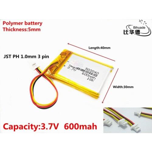 JST PH 1.0mm 3 pin 3.7V,600mAH 503040 Polymer lithium ion / Li-ion battery for tablet pc BANK,GPS,mp3,mp4