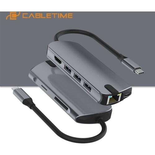 CABLETIME 8 in 1 USB HUB Type C to HDMI 4K Lan 1000Mbps USB 3.0 5Gbps PD Fast Charging SD TF Aluminum Converter H08