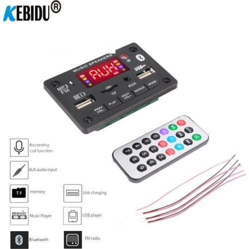 Kebidu 12V Color Screen Bluetooth 5.0 Decoder Board With Call Recording Power Amplifier 2*3W Support USB Radio Car MP3 Speaker