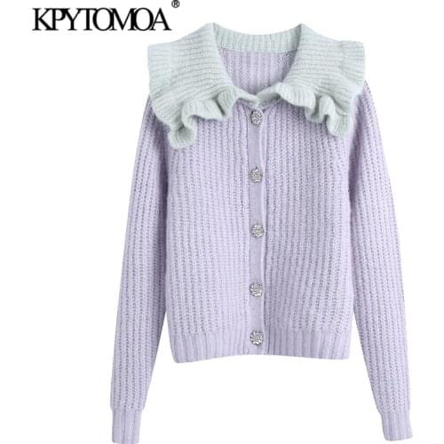 KPYTOMOA Women 2021 Fashion Bejewelled Buttons Patchwork Ruffled Cardigan Sweater Vintage Long Sleeve Female Outerwear Chic Tops