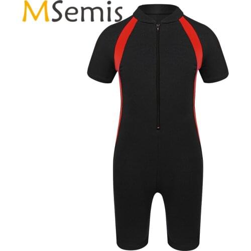 Kids Girls Swimsuits One-piece Swimwear Short Sleeves Zippered Shorty Wetsuit Swimsuit Childrens Beach Bathing Suit Rash Guard