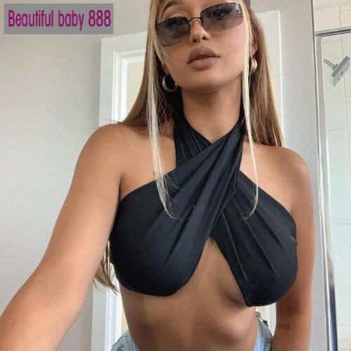 Meqeiss Sexy Cross Halter Neck Crop Top Camis Women Backless Streetwear Sleeveless Black White Short Tank Top Girl Female Vest