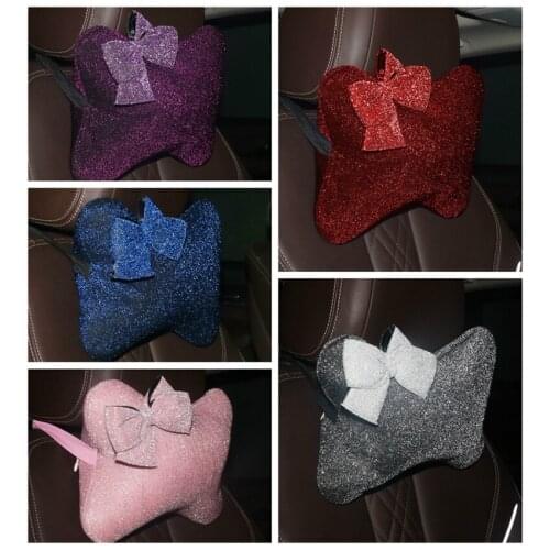 Fashion Ladys bowknot decoration sparkling car seat headrest cushion neck pillow with safety belt shoulder