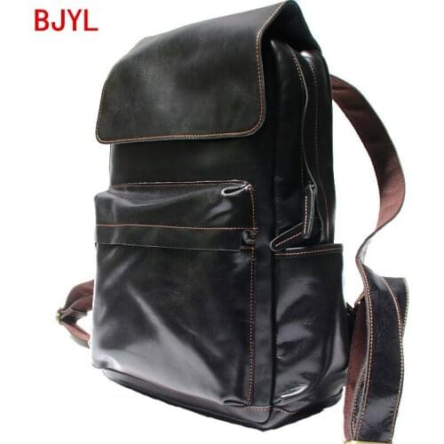 Handmade Literary Men Backpacks Retro Men 15.6 Inch Laptop Bags Shoulder Bag Male Black Travel Backpack Crazy Horse Leather Soft
