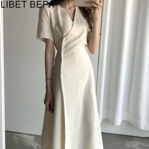 2021 New Womens Summer Dresses Casual V-Neck High Waist Solid Vintage Fashionable Lace Up Elegant Buttons Long Dress DR3135A