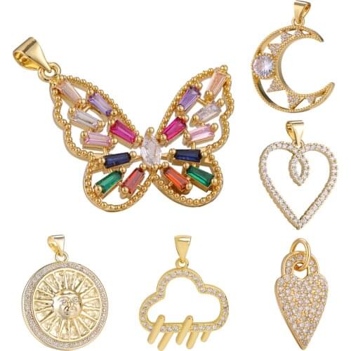 Heart Butterfly Pendant Charms for Jewelry Making Supplies Vintage Gold Copper Zircon CZ Crystal Diy Necklace Charm Accessories