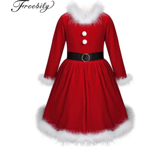 Baby Girls Santa Claus Holiday Costume Long Sleeves Red Velvet Christmas Dress Toddlers Winter Xmas Party Fancy Dress Up