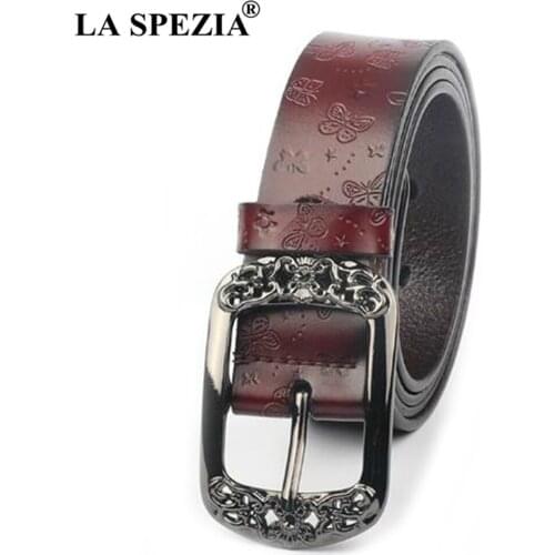 LA SPEZIA Coffee Belt for Women Real Leather Pin Buckle Vintage Belts Female Genuine Cowskin Embossed Ladies Waist Belt 110cm