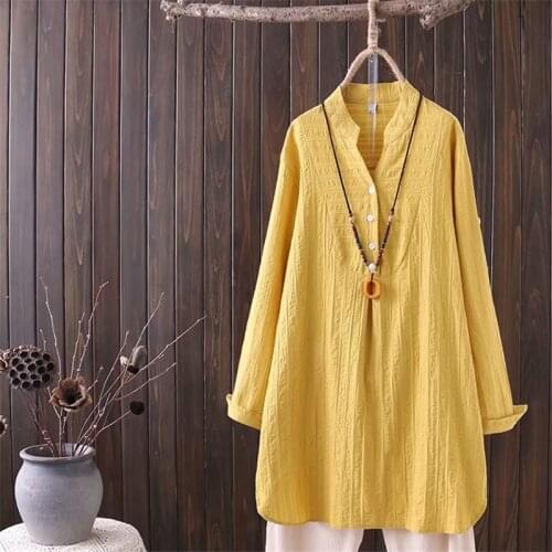 Spring and autumn new cotton and linen womens V-neck loose large size shirt shirt top bottoming shirt V-Neck Long