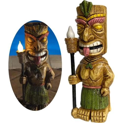 Solar Garden Tiki Statue Outdoor Figurine Decor with LED Light Flickering Torch Yard Lawn Home Art Decoration