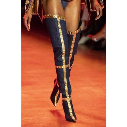 2020 Runway Blue Denim Pointed Toe Thigh High Boots Rivet Studded Overknee Boots Sexy Ladies High Heels Party Dress Shoes Woman
