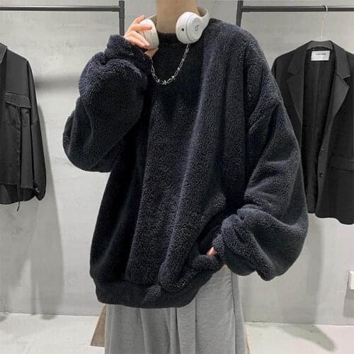 Wool Coat Man Hoodies Sweatshirt Autumn Winter Plush Solid Color Plus Velvet Men Women All-match Student Korean Trend Ins Lamb