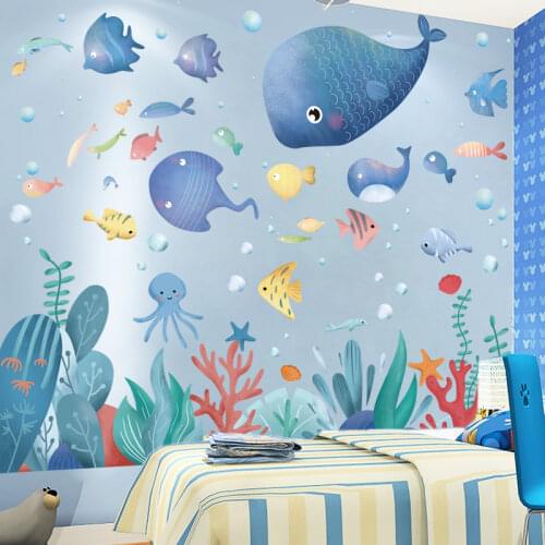 [shijuekongjian] Fish Animals Wall Stickers DIY Seagrass Plants Wall Decals for Kids Room Baby Bedroom Bathroom House Decoration