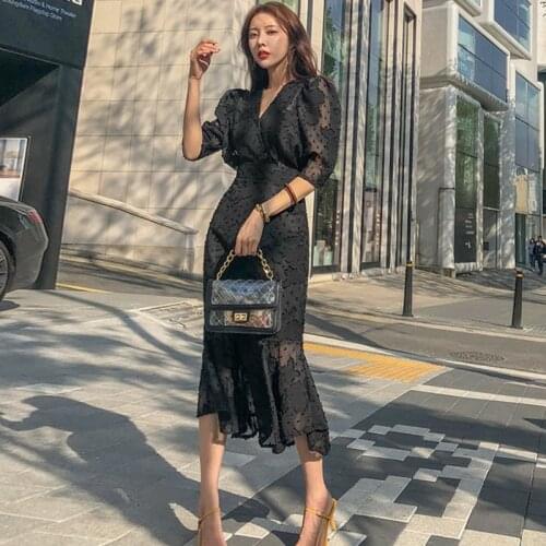 SMTHMA 2021 Summer Clothing New Style Korean-Style Elegant V-Neck Mock High-Waisted Slim Fit Half-Sleeve Trumpet Mermaid Dress
