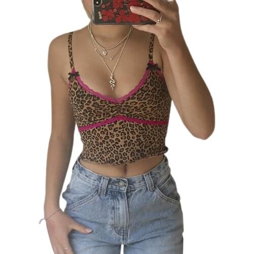 Women’s Fashion Leopard Camisole Summer Sexy Bow Lace Edge V-neck Slimming Cami Top Ladies Wild Casual Street Party Clubwear