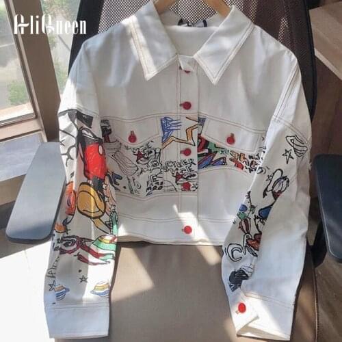 Spring Autumn Clothes White Denim Jacket Women Lapel Raglan Sleeves Cartoon Pictures Pocket Jeans Loose Short Tooling Jackets
