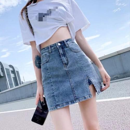 South Korea Dongdaemun Denim Year Summer High Waist A- line Split Lining Short kirt Woman Skirts Faldas Jupe