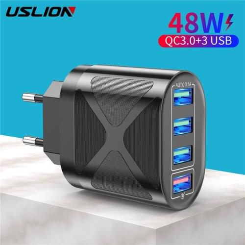 USLION 3A Quik Charge 3.0 4 Port 48W EU/US/UK Plug USB Charger Mobile Phone Charger For iPhone 12 Samsung Xiaomi Wall Chargers